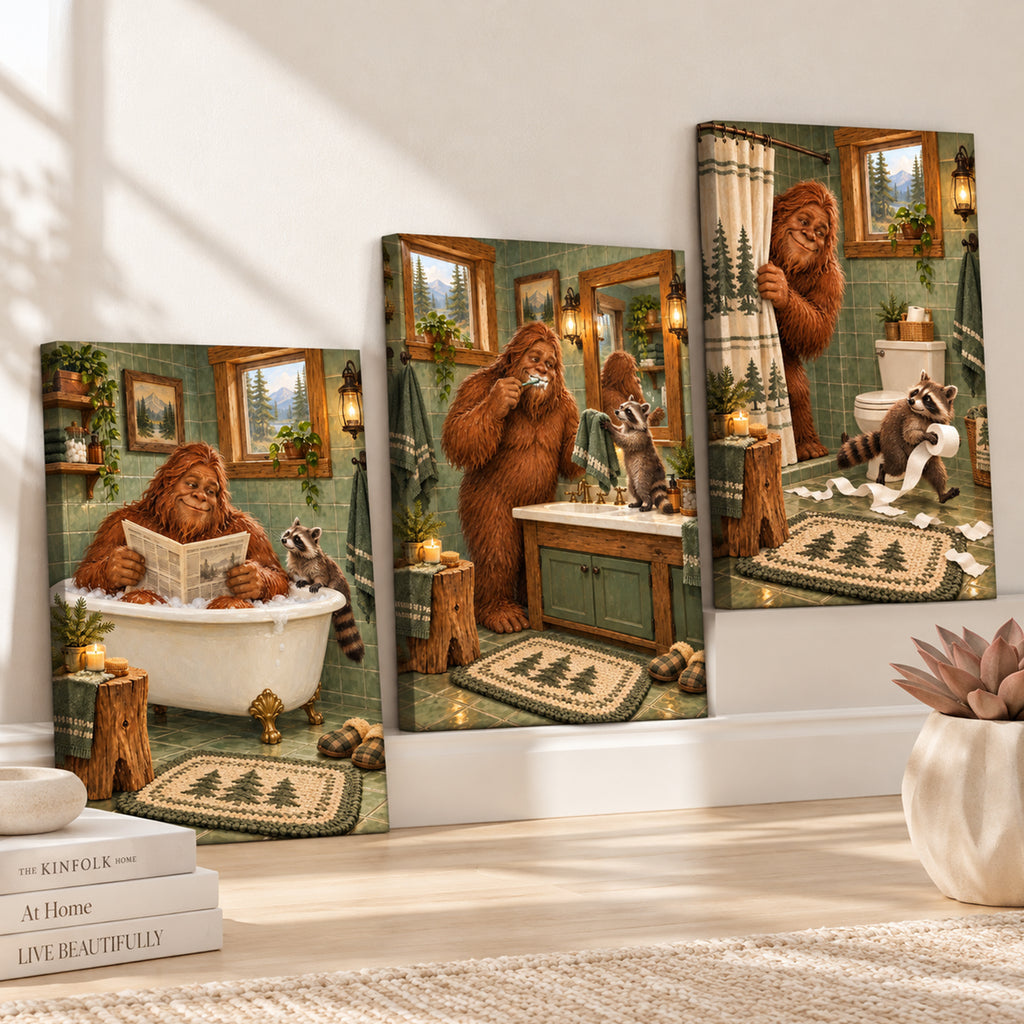 Set of 3 Funny Bigfoot Bathroom Wall Art - room mockup 1