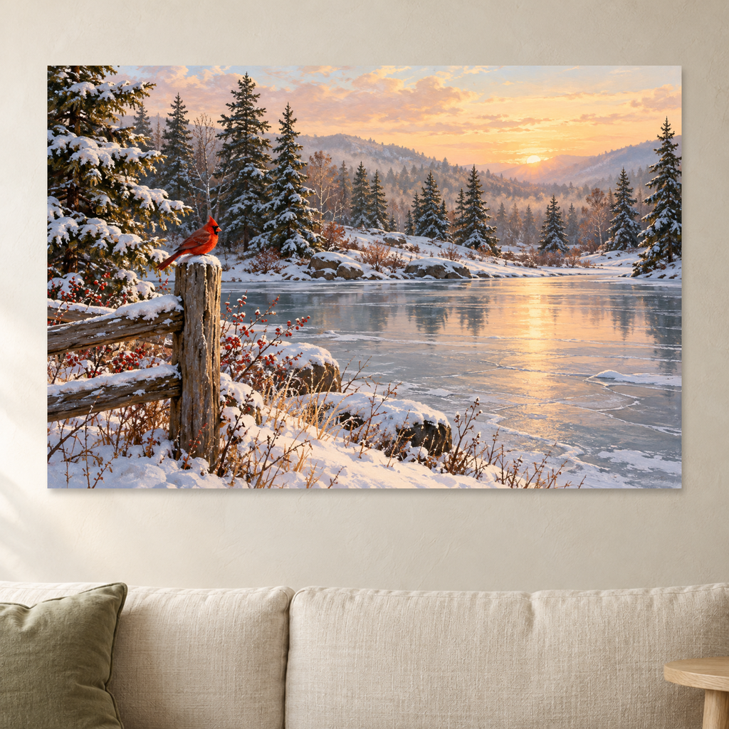 Winter Lake Sunset Wall Art, Cardinal on Snowy Fence Landscape Print, Christmas Canvas or Poster