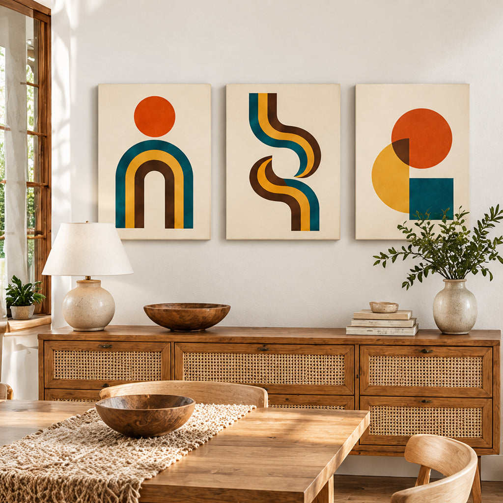 Set of 3 Mid Century Boho Wall Art - room mockup 1