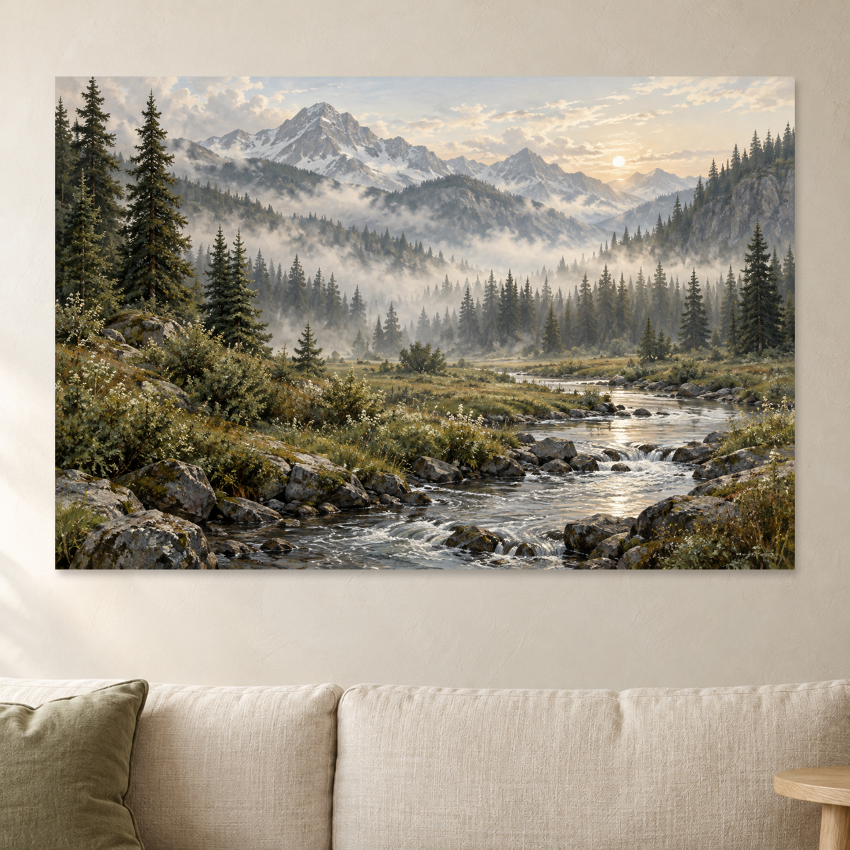 Misty Mountain Creek Wall Art, Pine Forest Valley Landscape Print, Canvas or Poster