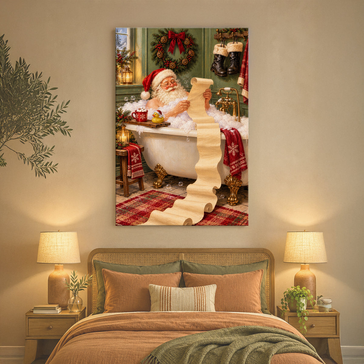 Funny Santa in Bathtub Wall Art - room mockup 2