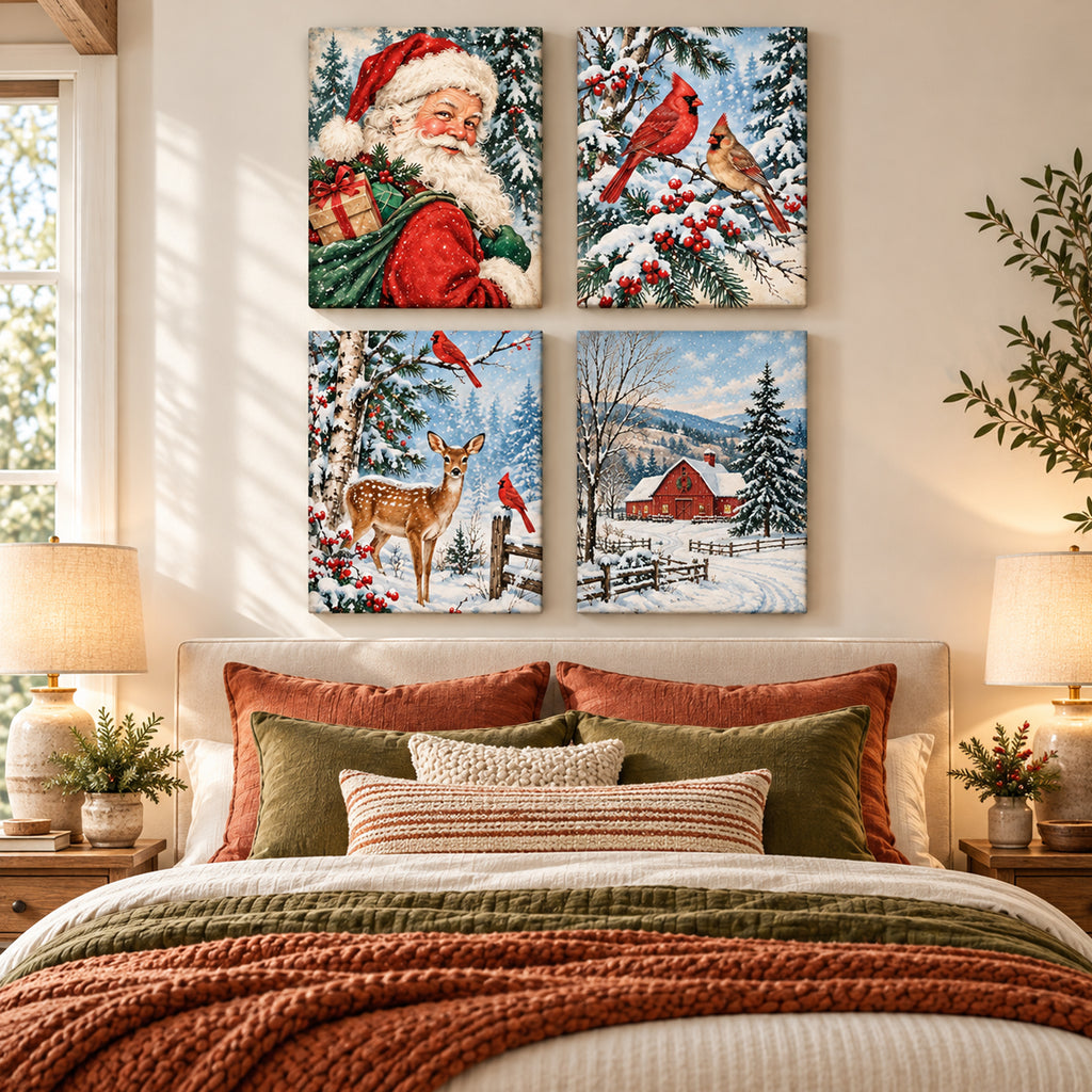 Set of 4 Vintage Christmas Card Wall Art - room mockup 8