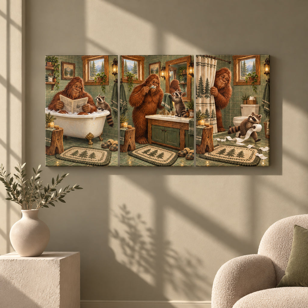 Set of 3 Funny Bigfoot Bathroom Wall Art - room mockup 5