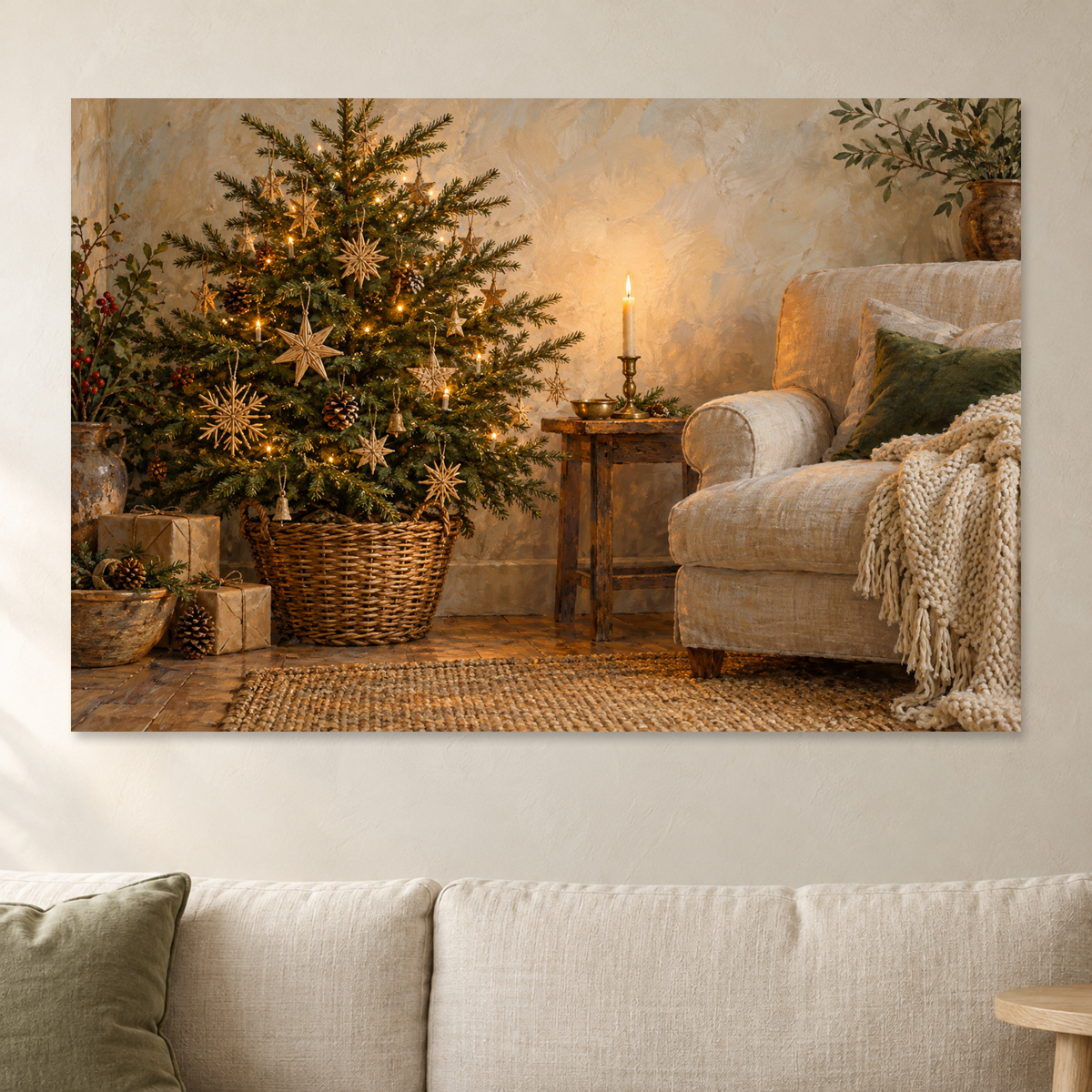 Neutral Christmas Tree Wall Art, Candlelit Cozy Living Room Holiday Print, Canvas or Poster