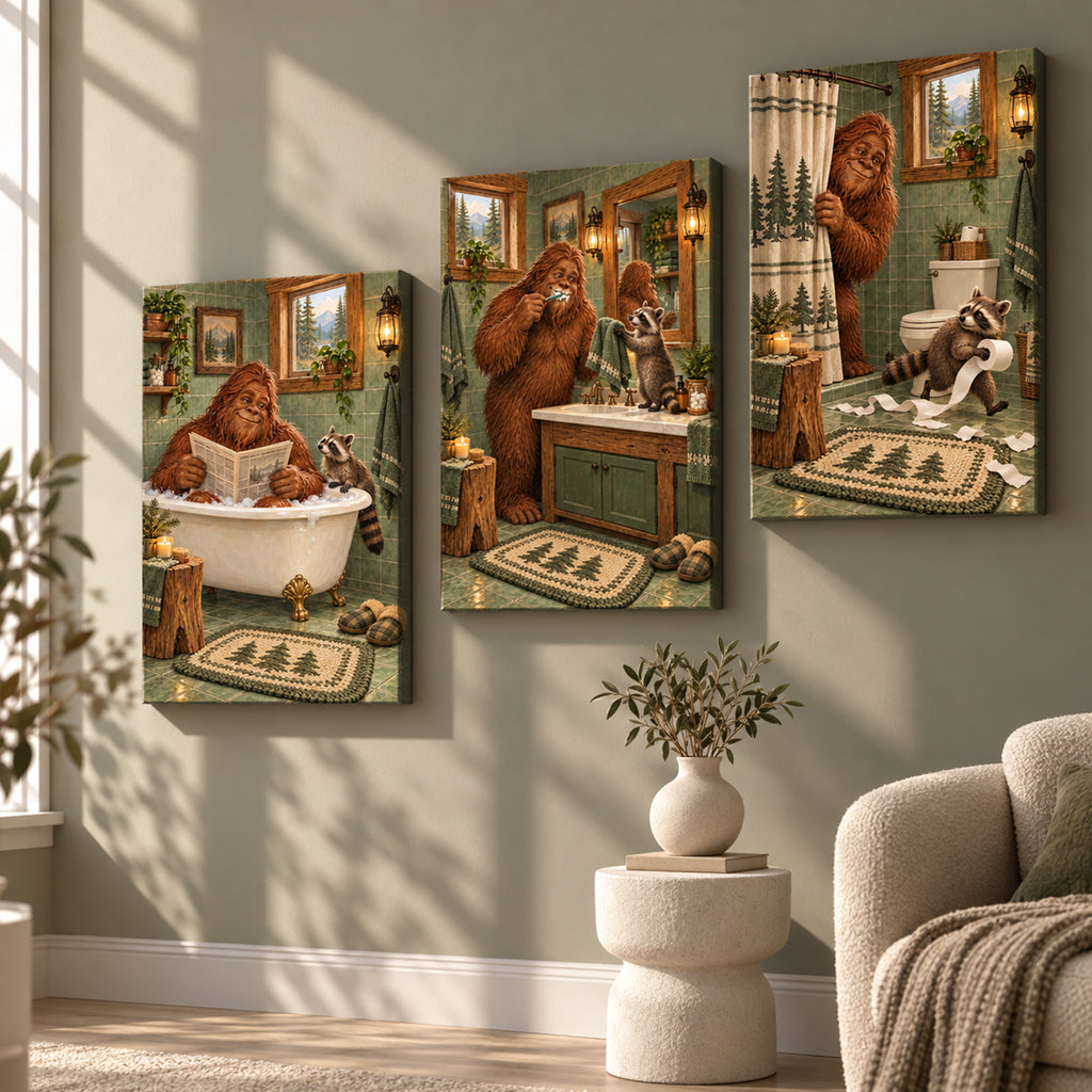Set of 3 Funny Bigfoot Bathroom Wall Art - room mockup 4