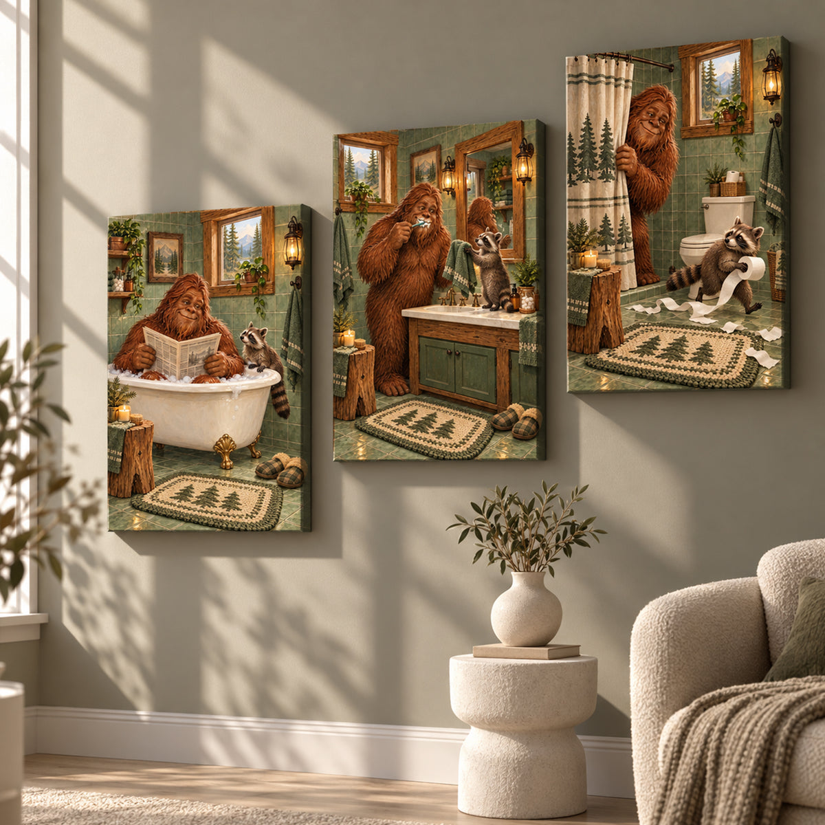 Set of 3 Funny Bigfoot Bathroom Wall Art - room mockup 4