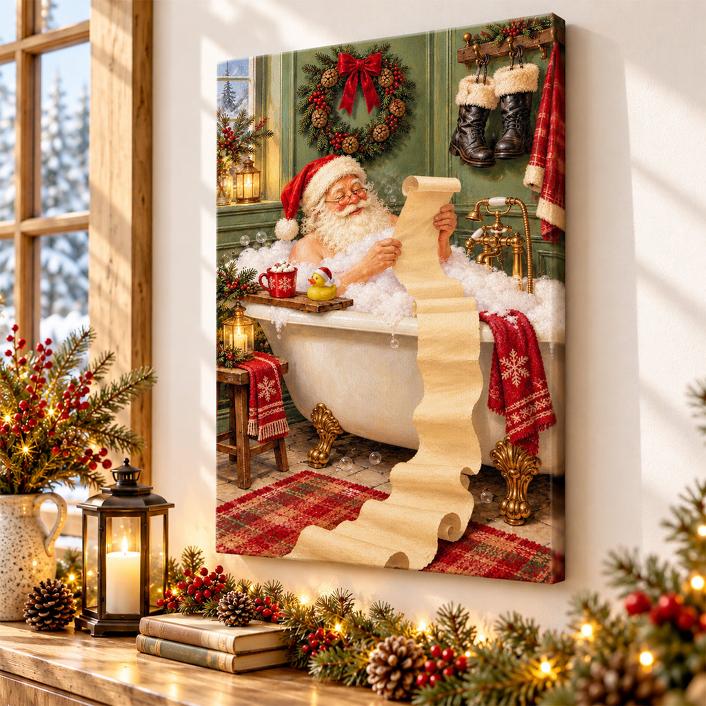 Funny Santa in Bathtub Wall Art - room mockup 6
