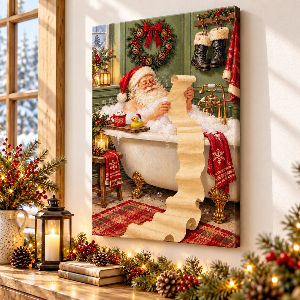 Funny Santa in Bathtub Wall Art - room mockup 6