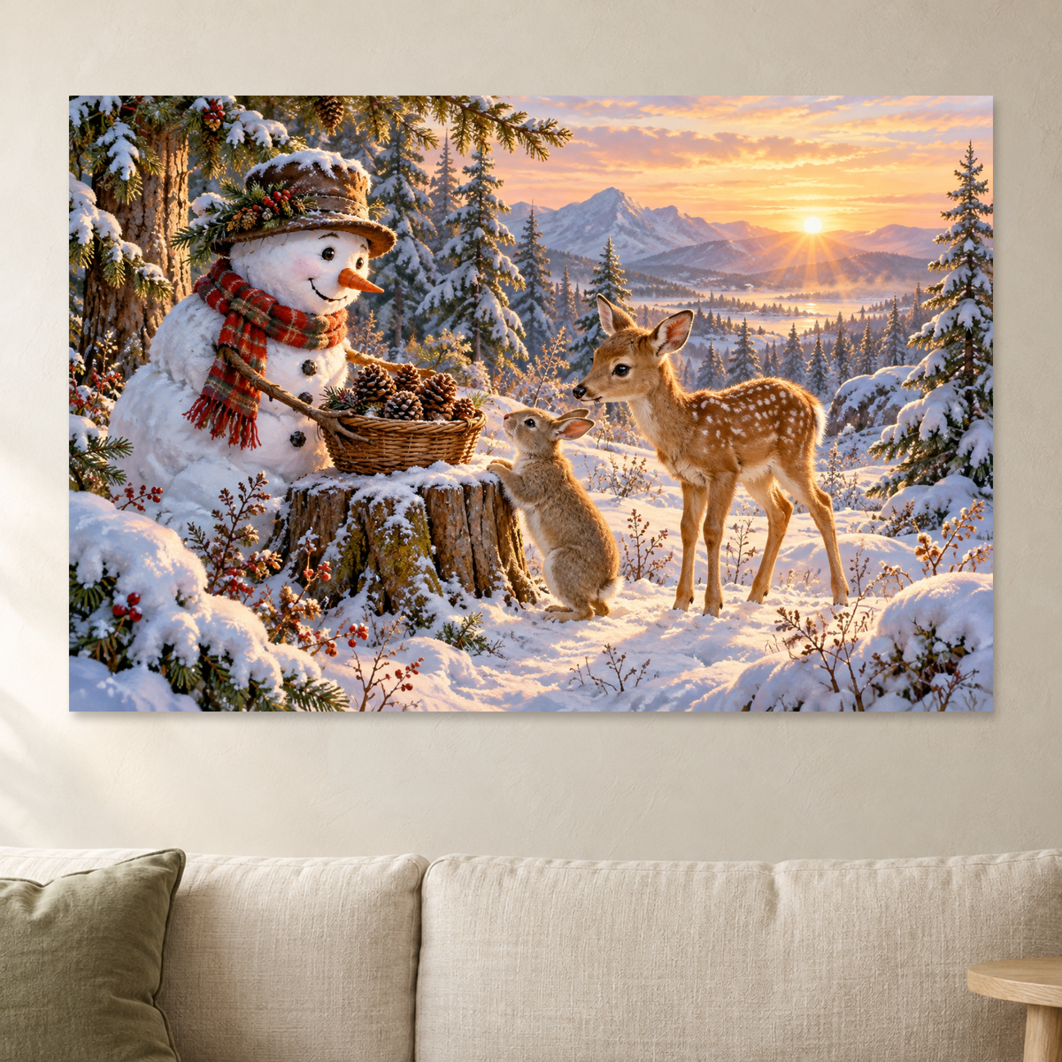 Snowman with Deer and Bunny Wall Art, Woodland Christmas Forest Print, Canvas or Poster