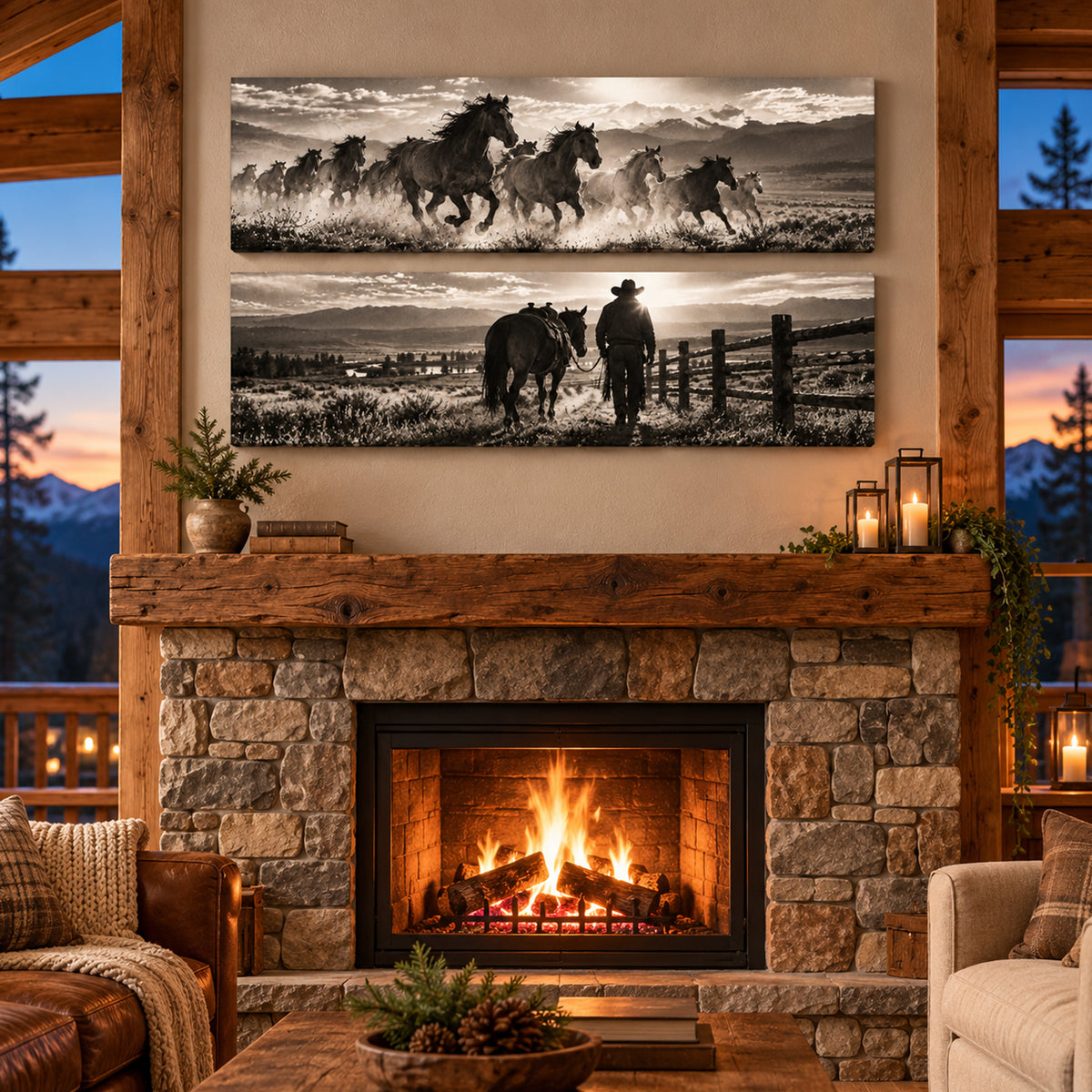 Set of 2 Black and White Horse Wall Art - room mockup 3