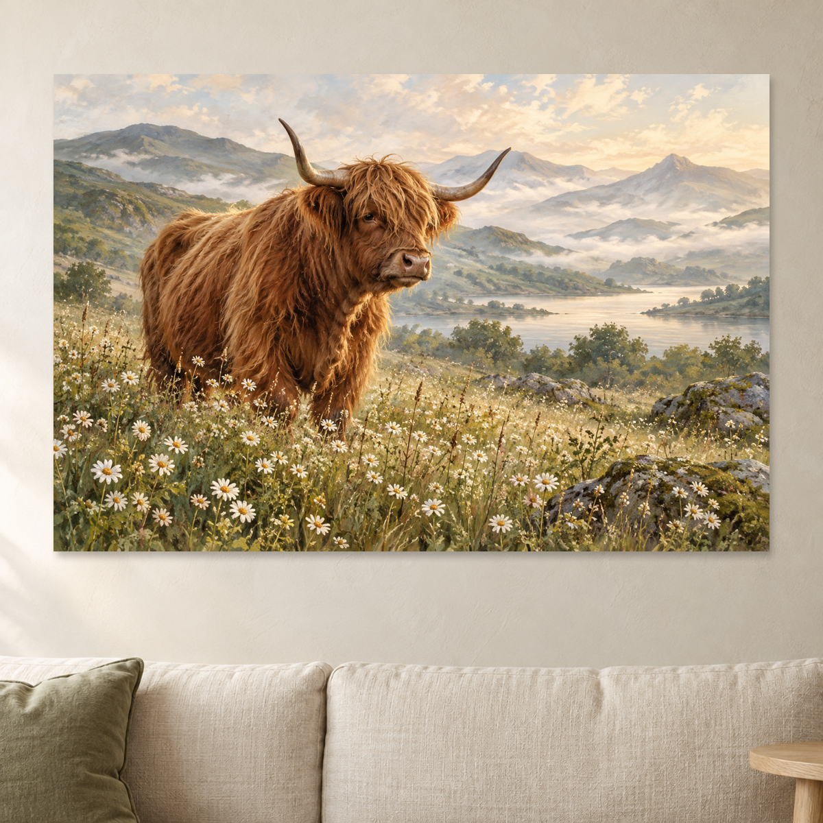 Highland Cow Wall Art, Scottish Highland Cow in Wildflower Meadow Print, Canvas or Poster