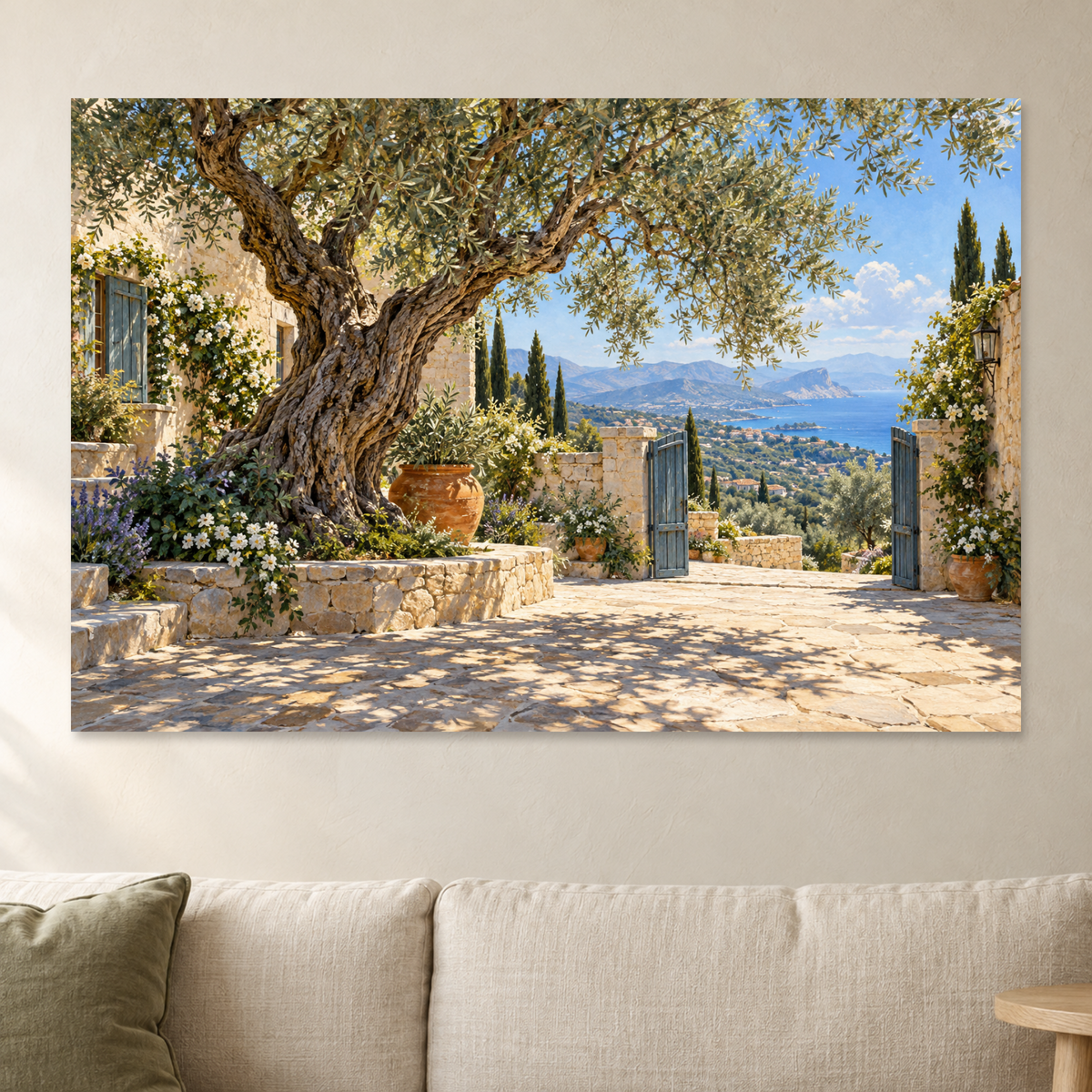 Mediterranean Courtyard Wall Art, Olive Tree Sea View Landscape Print, Canvas or Poster