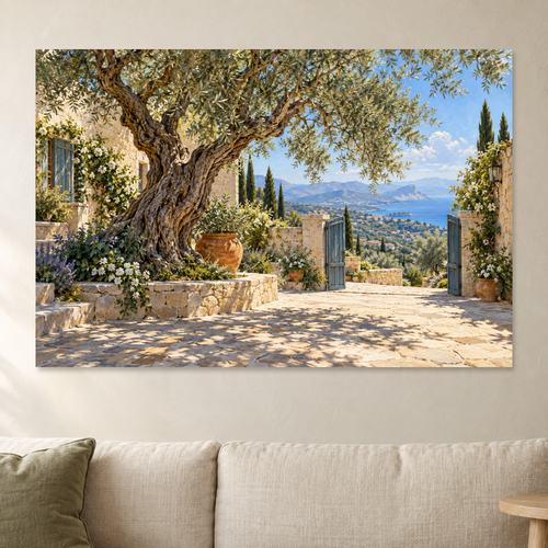Mediterranean Courtyard Wall Art, Olive Tree Sea View Landscape Print, Canvas or Poster