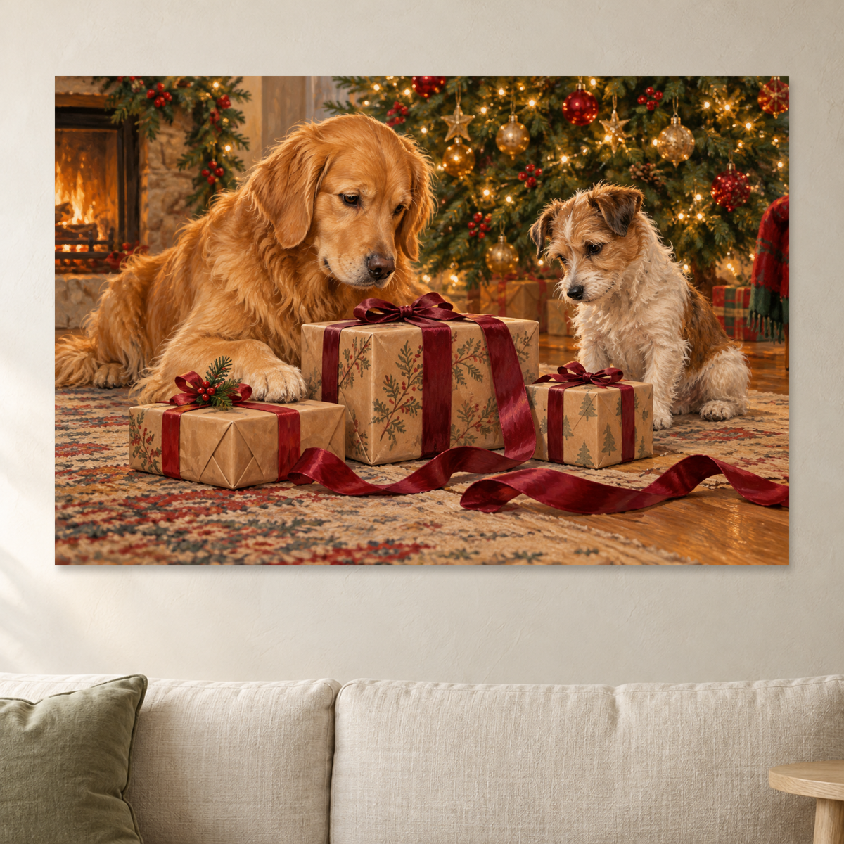Golden Retriever Christmas Wall Art, Dog and Puppy with Presents Holiday Print, Canvas or Poster