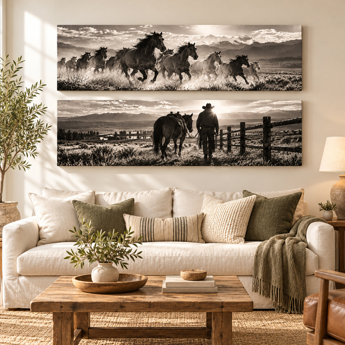 Set of 2 Black and White Horse Wall Art - room mockup 6
