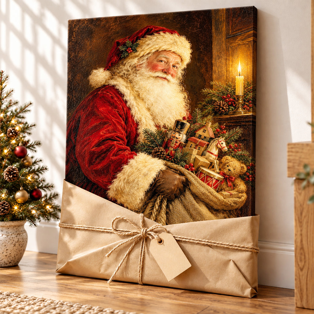 Vintage Santa Claus Oil Painting Wall Art - room mockup 5
