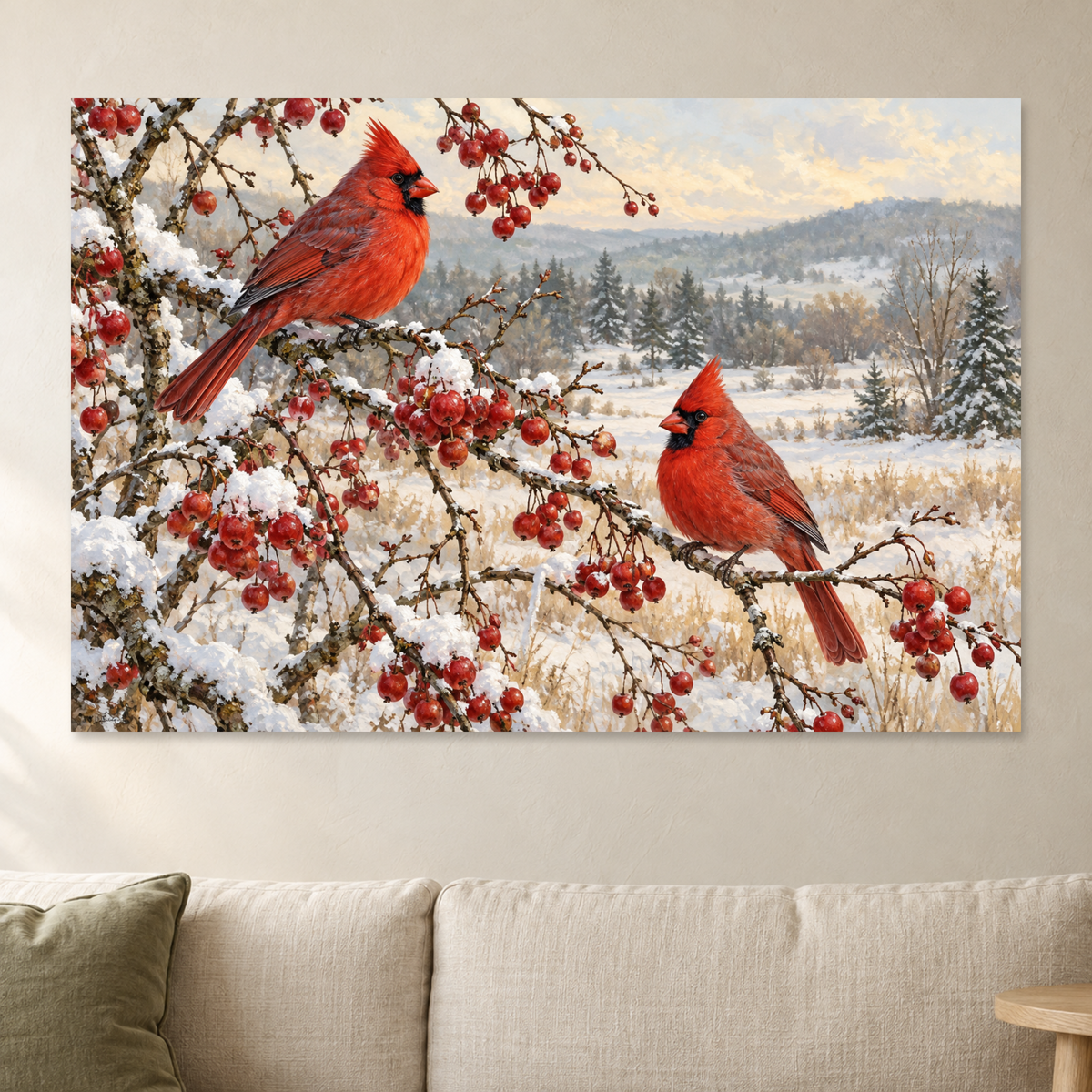 Cardinal Winter Wall Art, Red Cardinals on Snowy Berry Branch Print, Christmas Canvas or Poster