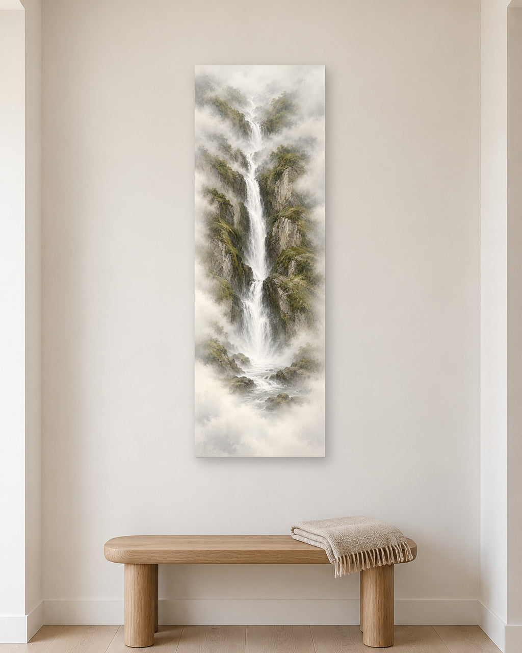 Long Vertical Waterfall Wall Art, Narrow Misty Forest Landscape Print, Skinny Canvas