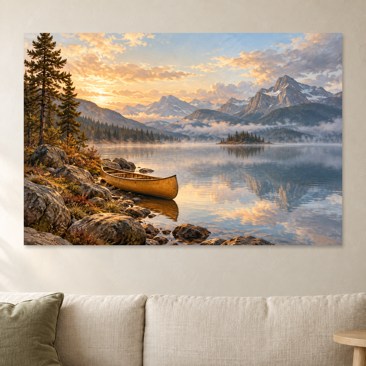 Mountain Lake Canoe Wall Art, Calm Lake Sunrise Landscape Print, Canvas or Poster