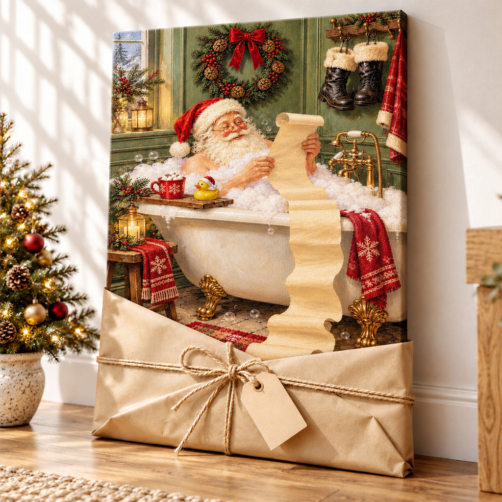 Funny Santa in Bathtub Wall Art - room mockup 5