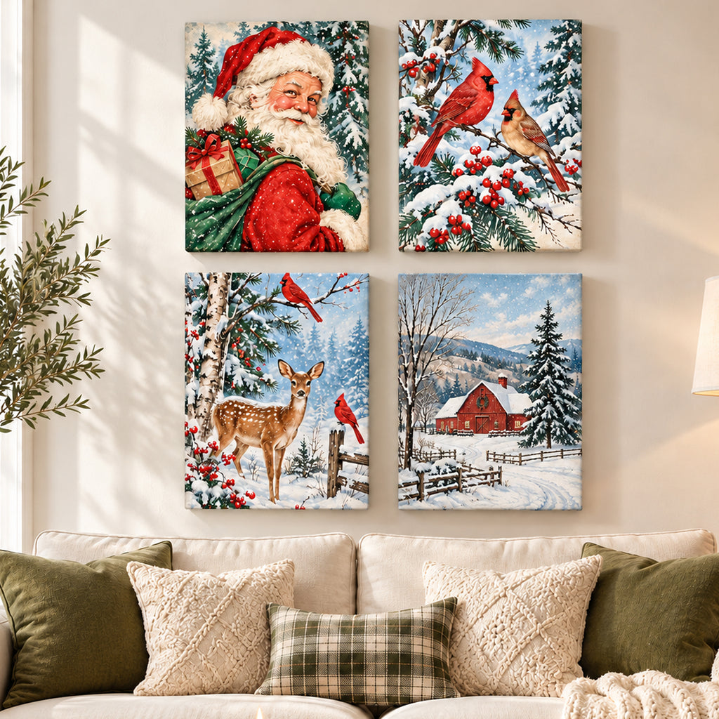 Set of 4 Vintage Christmas Card Wall Art - room mockup 1