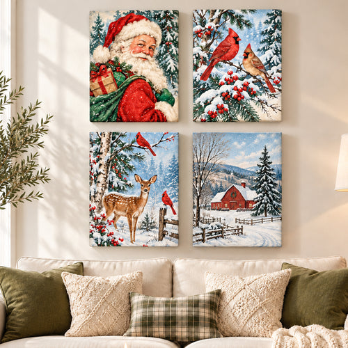 Set of 4 Vintage Christmas Card Wall Art - room mockup 1