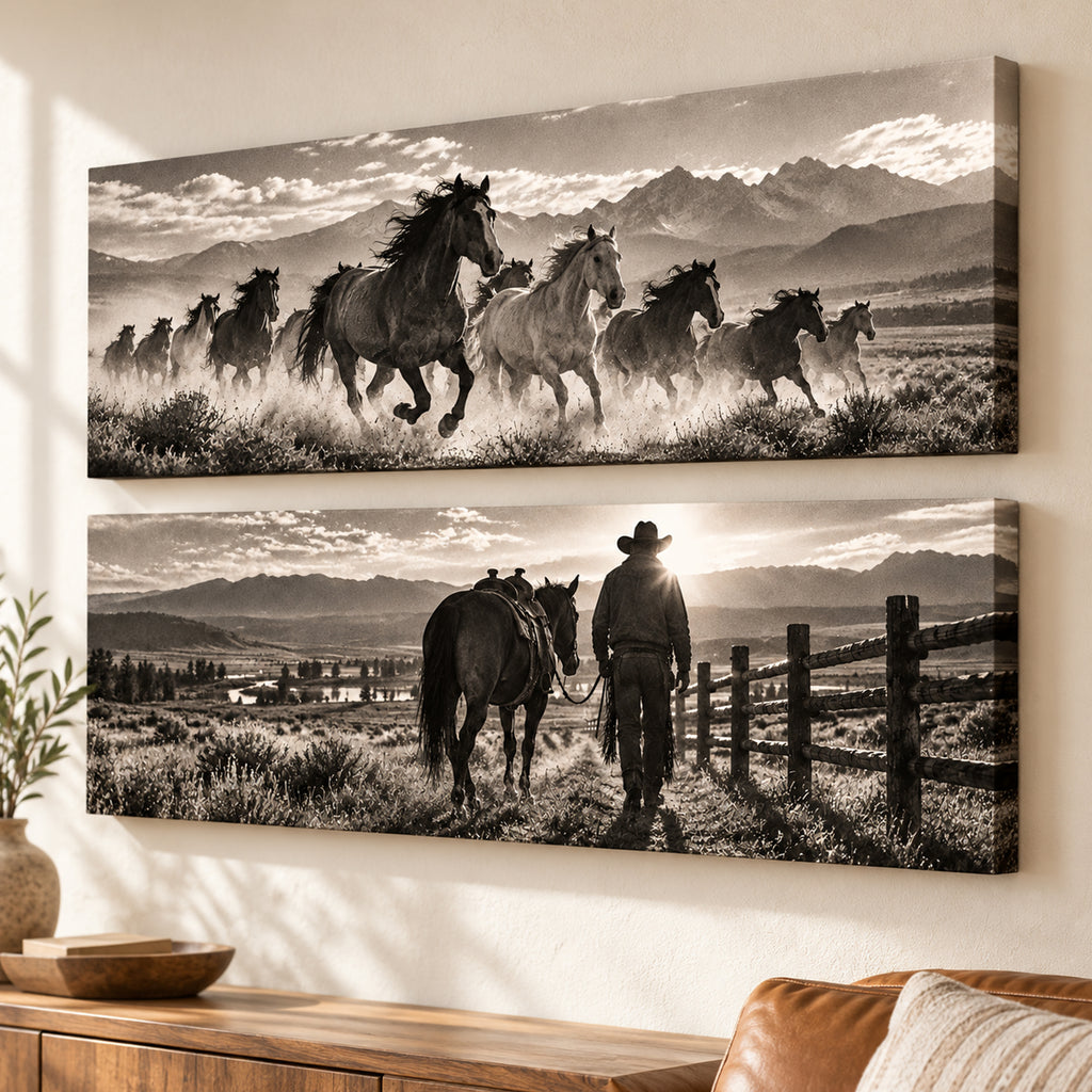 Set of 2 Black and White Horse Wall Art - room mockup 5