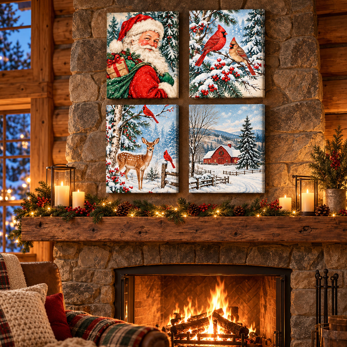 Set of 4 Vintage Christmas Card Wall Art - room mockup 4