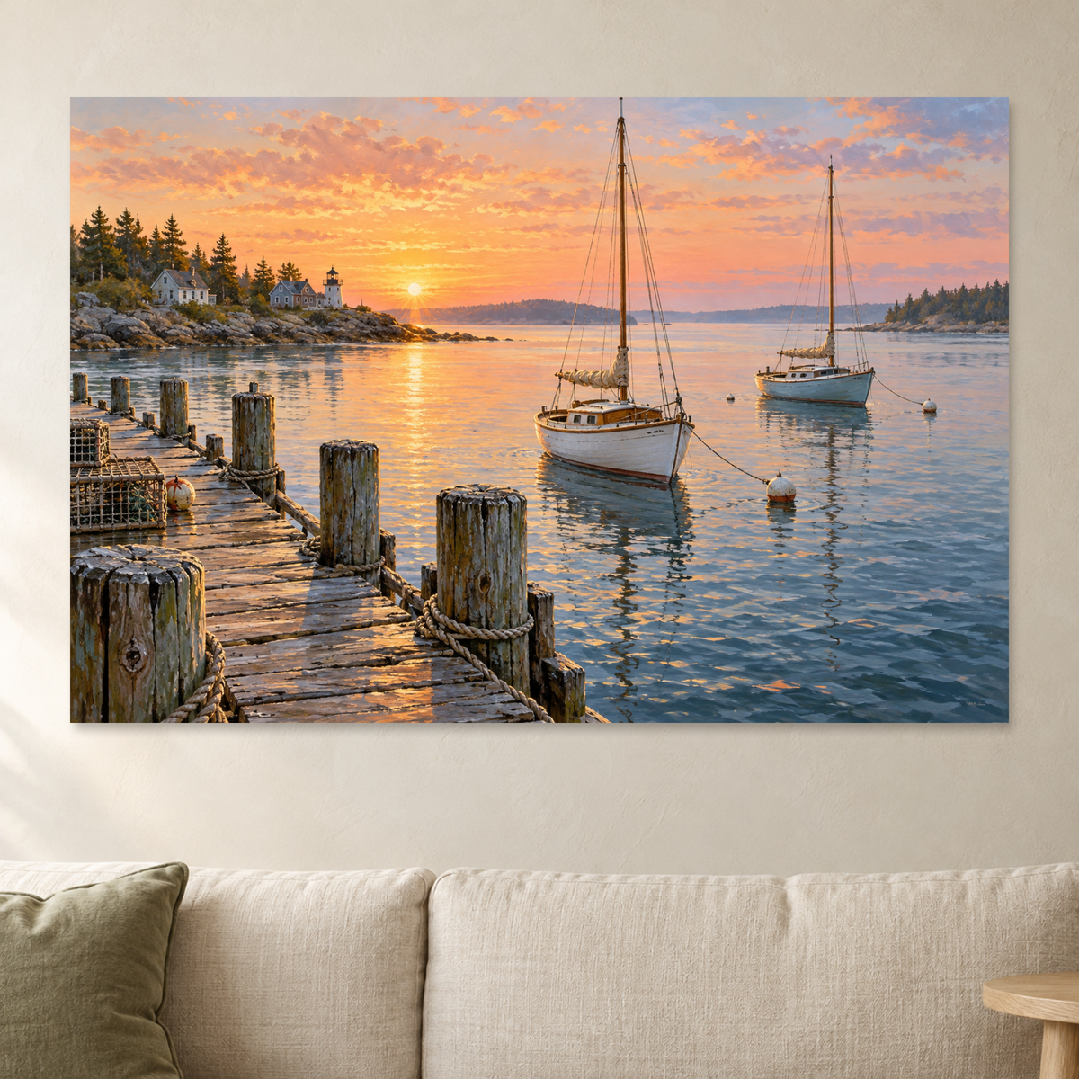 Harbor Sunrise Wall Art, Sailboats and Wooden Dock Coastal Print, Canvas or Poster