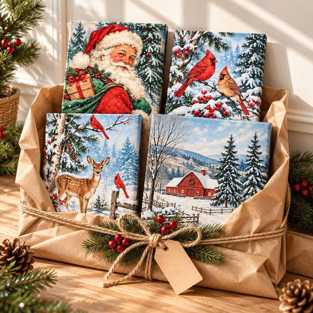 Set of 4 Vintage Christmas Card Wall Art - room mockup 3