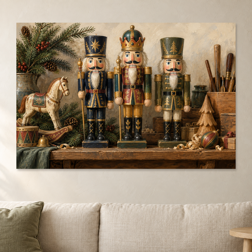 Nutcracker Wall Art, Vintage Nutcracker Soldiers Christmas Shelf Print, Canvas or Poster