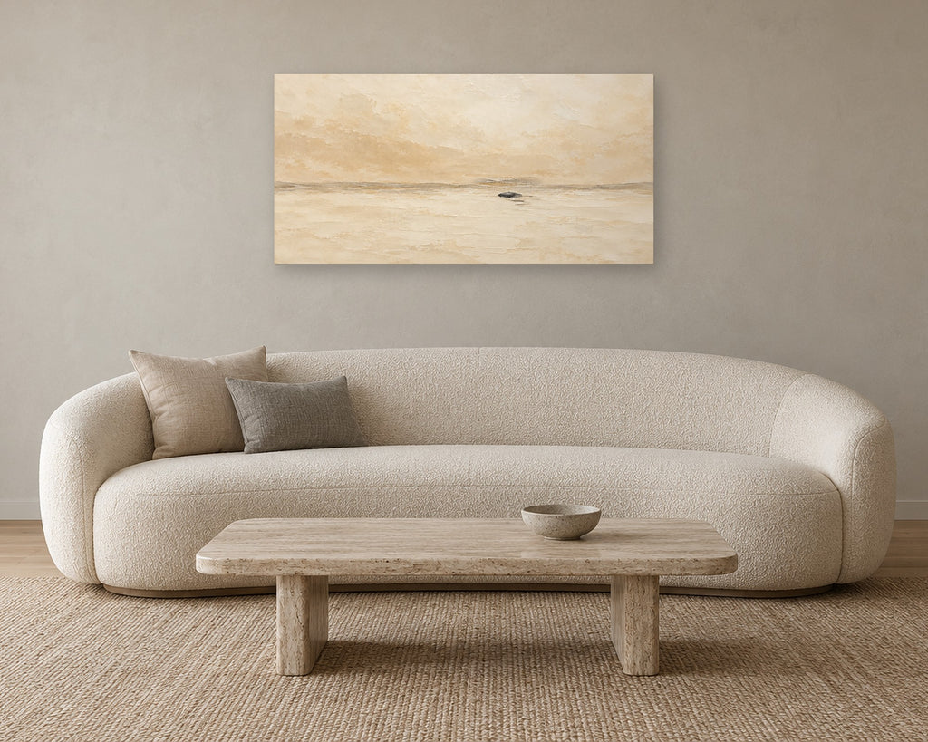 Long Horizontal Neutral Abstract Wall Art, Minimalist Beige Landscape Print, Above Sofa Canvas