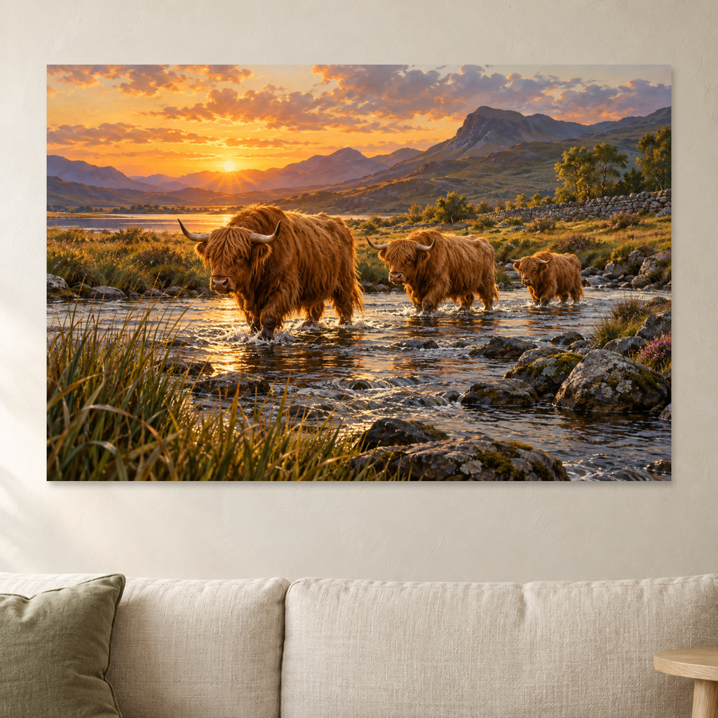 Highland Cow Family Wall Art, Cows Crossing River at Sunset Print, Canvas or Poster