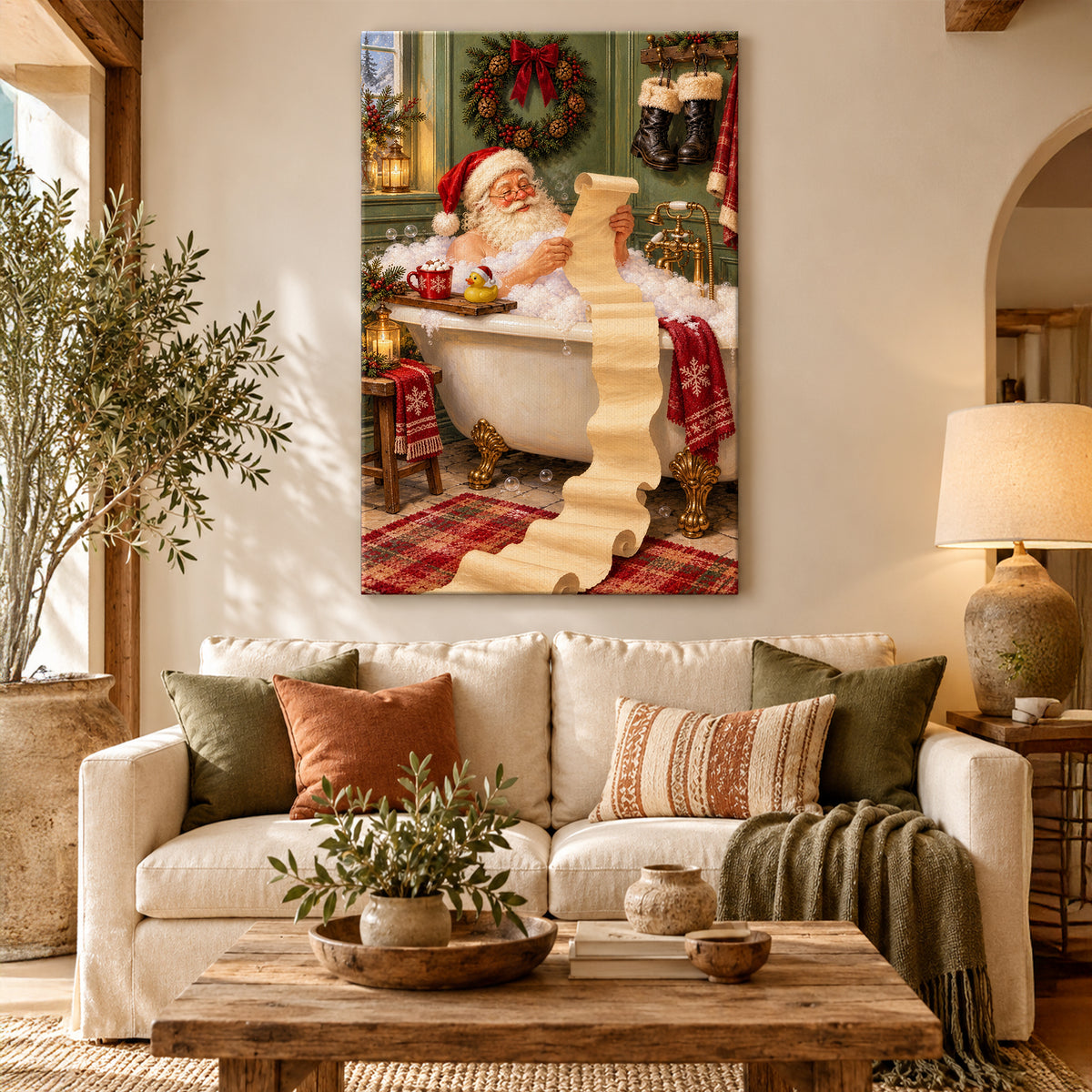 Funny Santa in Bathtub Wall Art - room mockup 4