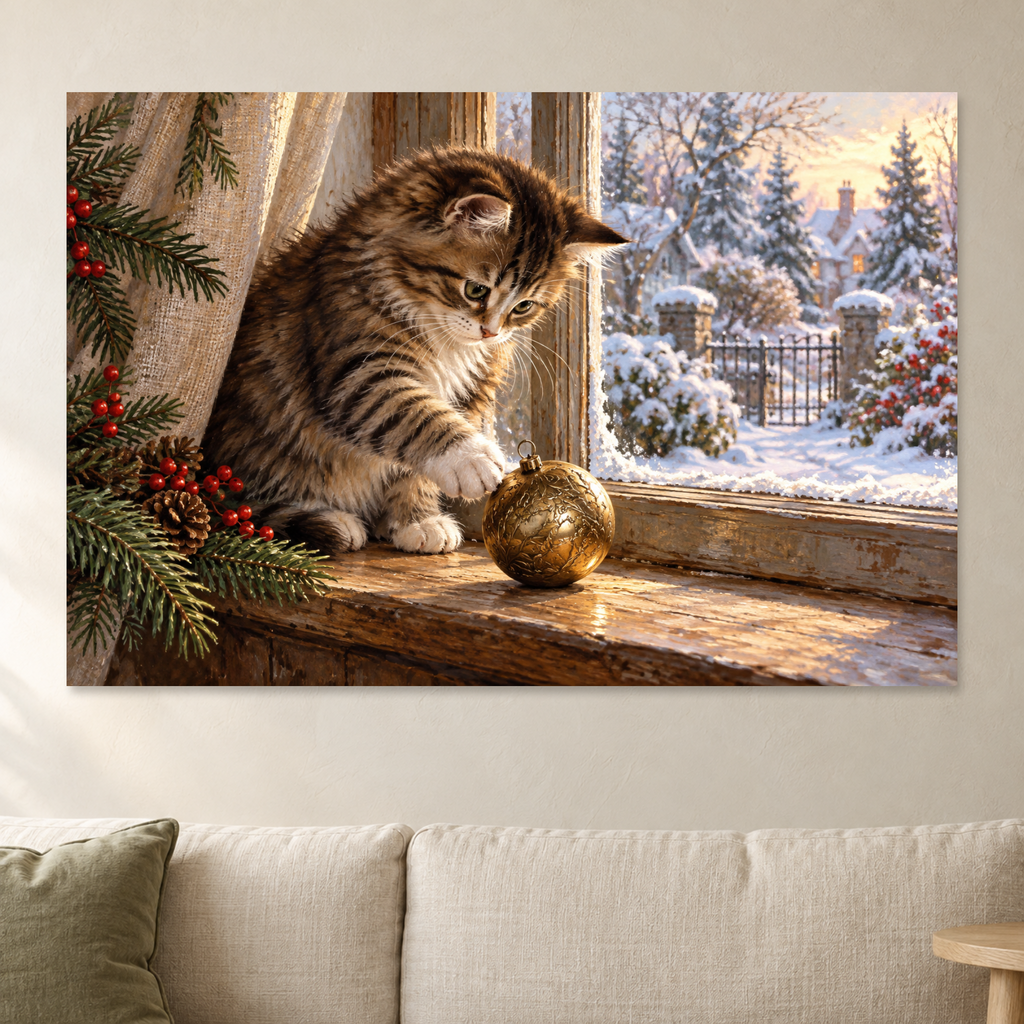 Tabby Cat Christmas Wall Art, Kitten with Gold Ornament by Snowy Window Print, Canvas or Poster