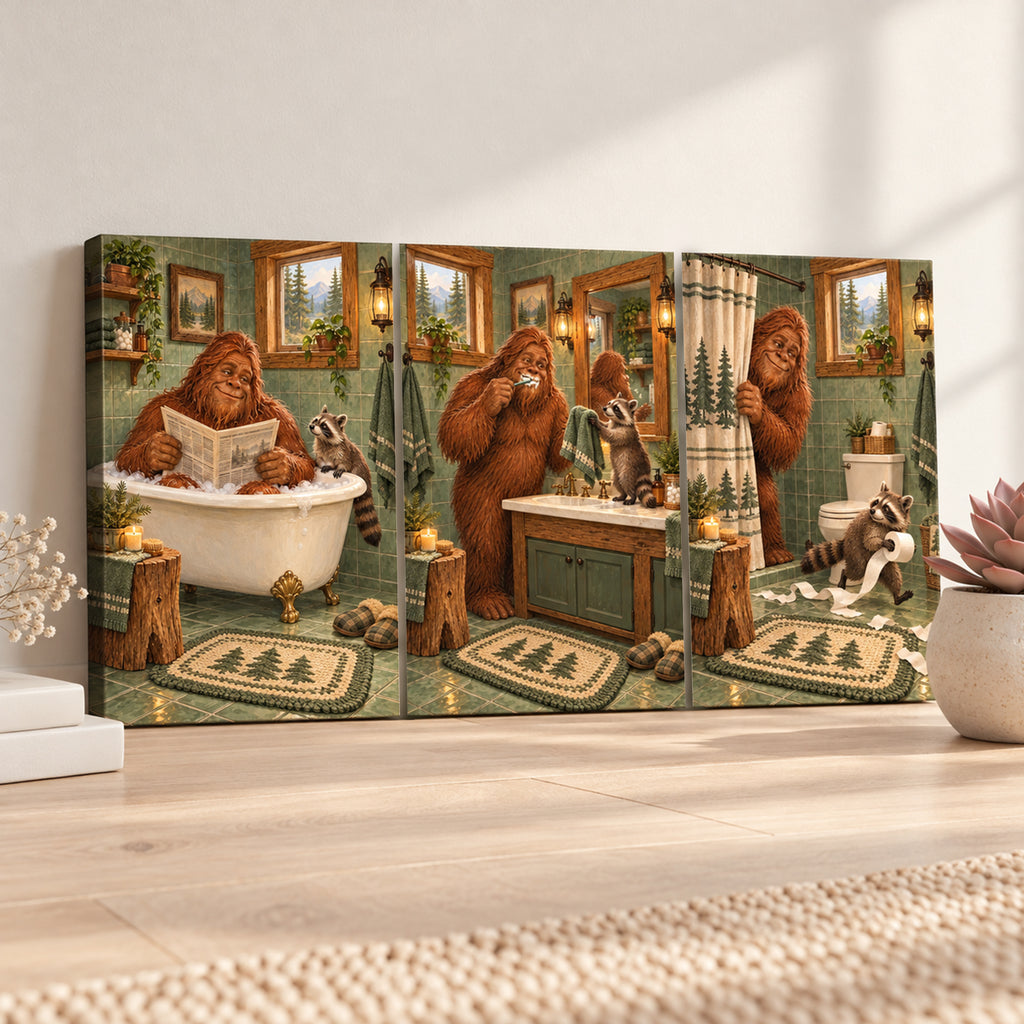 Set of 3 Funny Bigfoot Bathroom Wall Art - room mockup 7