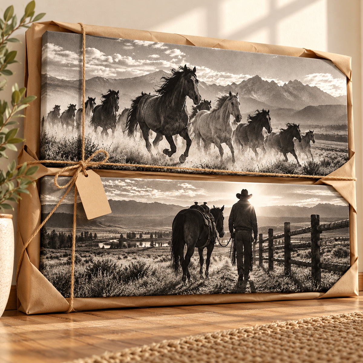 Set of 2 Black and White Horse Wall Art - room mockup 1