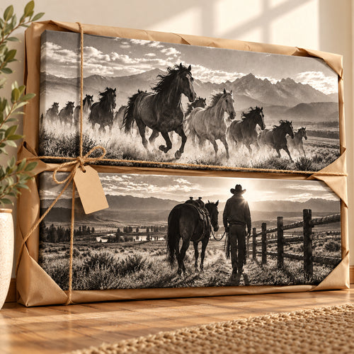 Set of 2 Black and White Horse Wall Art - room mockup 1