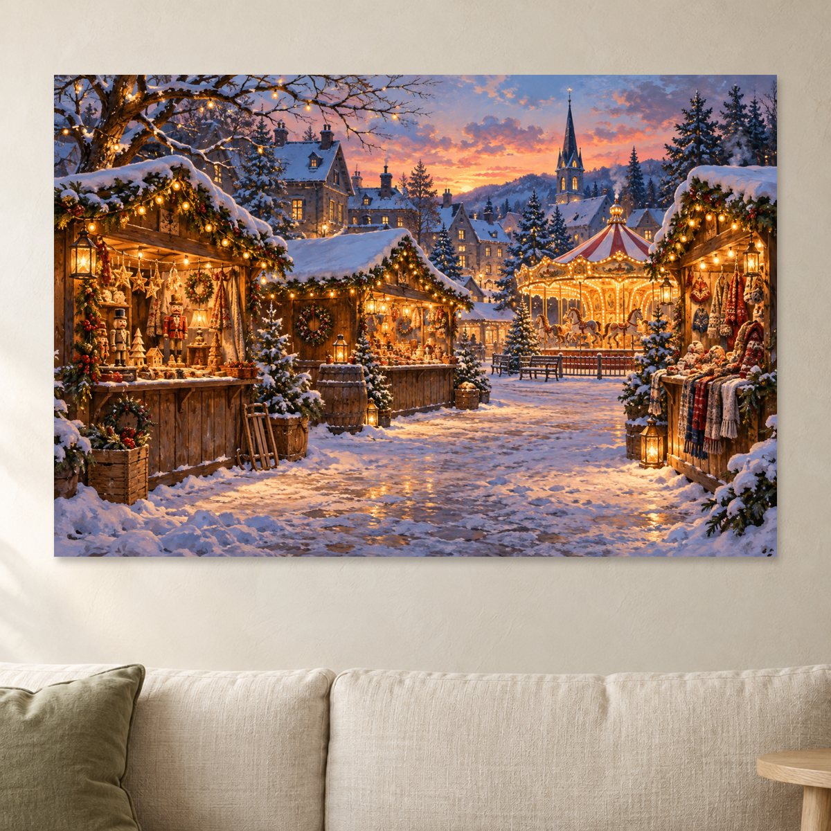 Christmas Market Wall Art, Snowy Village Holiday Market at Dusk Print, Canvas or Poster