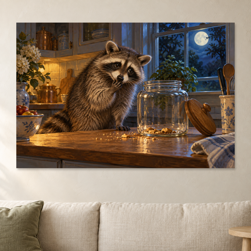 Funny Raccoon Kitchen Wall Art, Raccoon Stealing Cookies at Midnight Print, Canvas or Poster