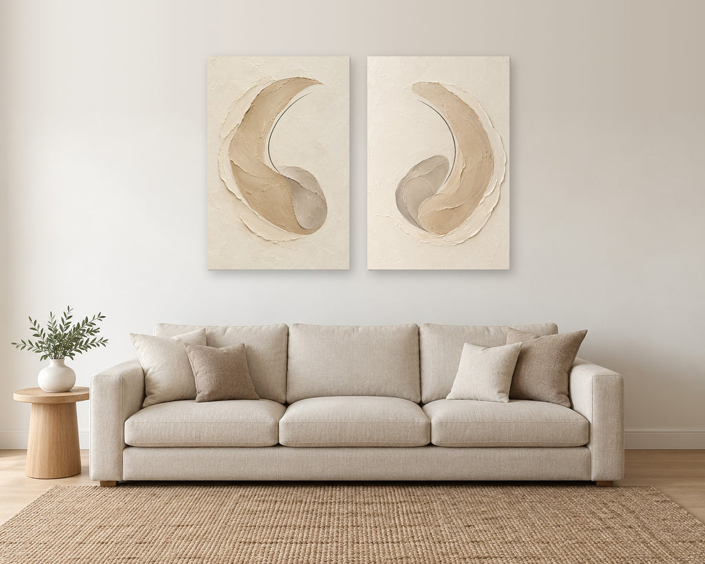 Set of 2 Neutral Abstract Wall Art, Textured Beige Plaster Wave Prints, Canvas or Poster