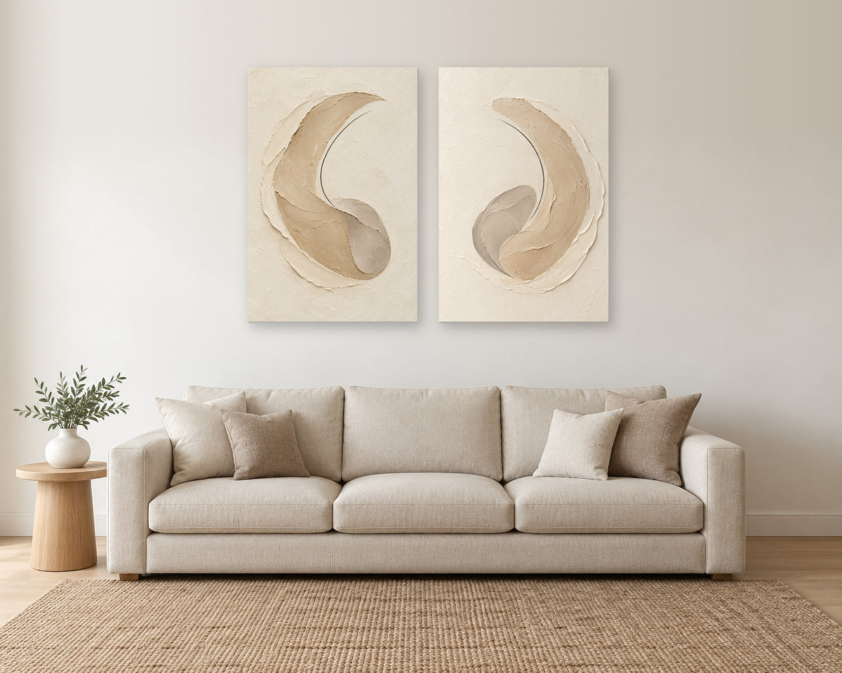 Set of 2 Neutral Abstract Wall Art, Textured Beige Plaster Wave Prints, Canvas or Poster