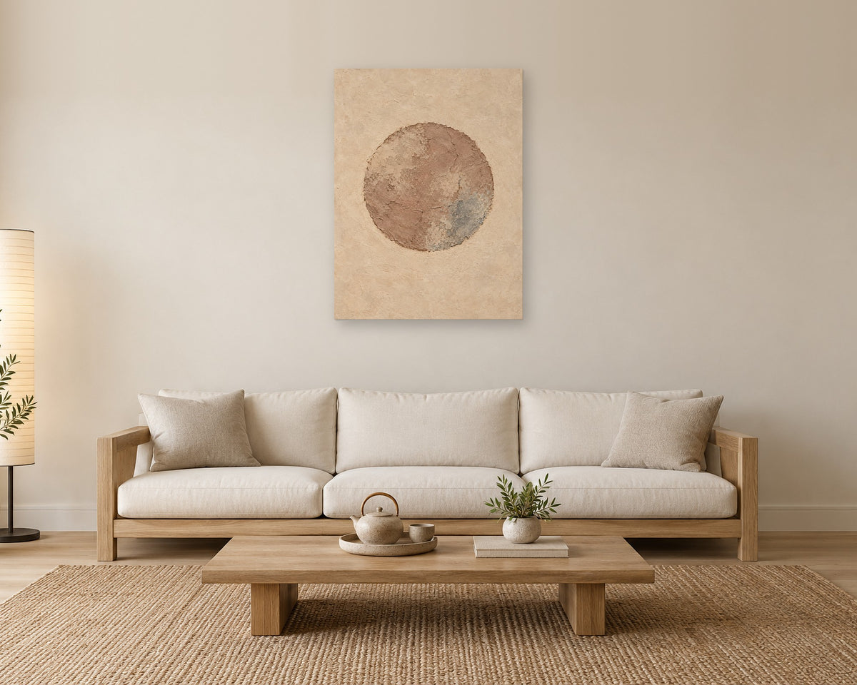 Wabi Sabi Wall Art, Earthy Textured Moon Circle Abstract Print, Japandi Canvas or Poster
