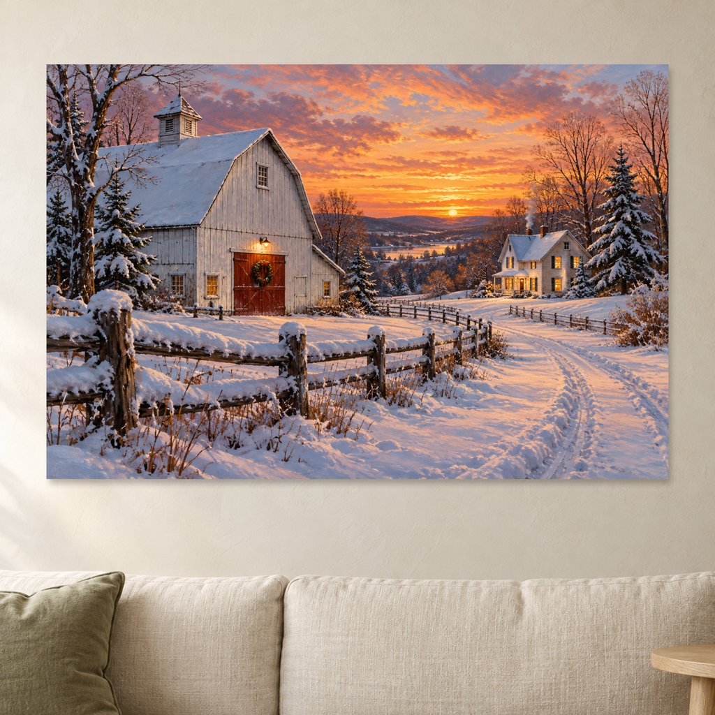 Snowy Barn Sunset Wall Art, Winter Farmhouse Country Landscape Print, Christmas Canvas or Poster