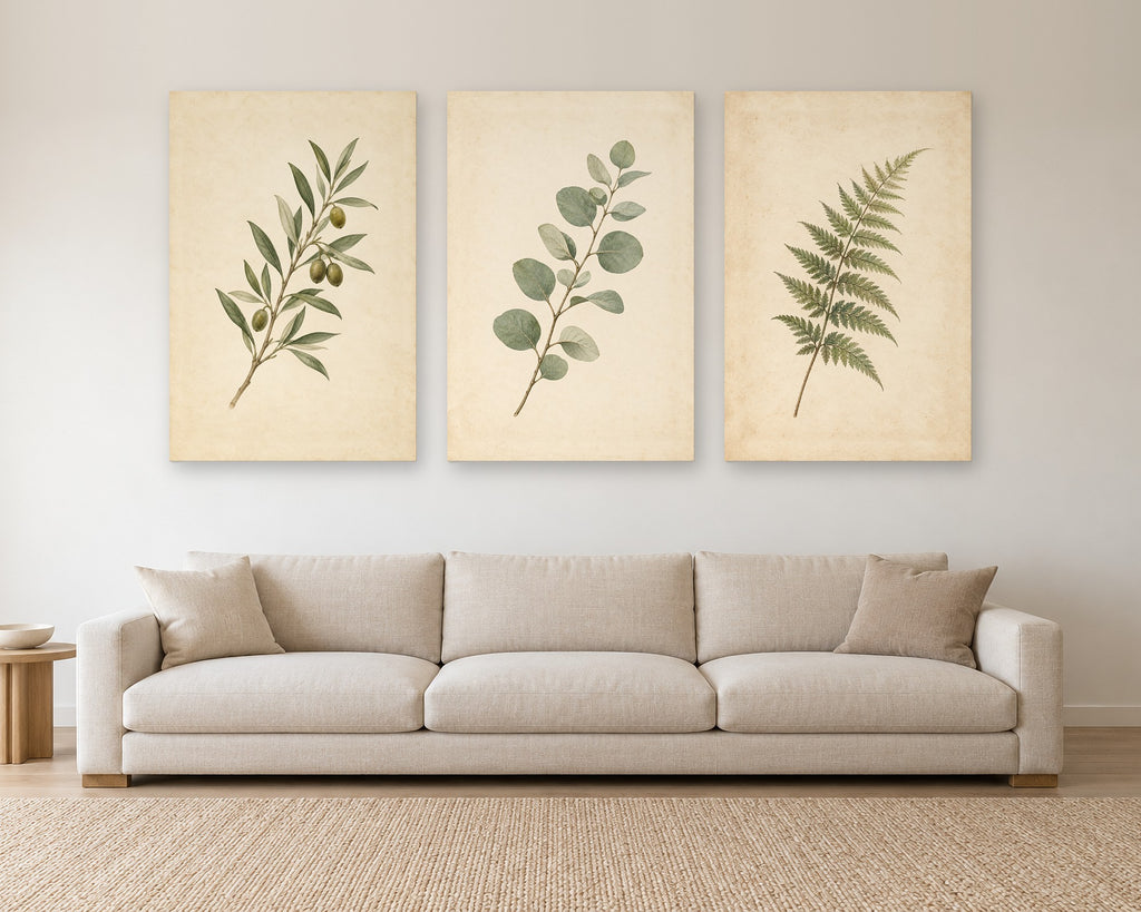 Set of 3 Vintage Botanical Wall Art, Olive Eucalyptus Fern Prints, Sage Green Canvas or Poster
