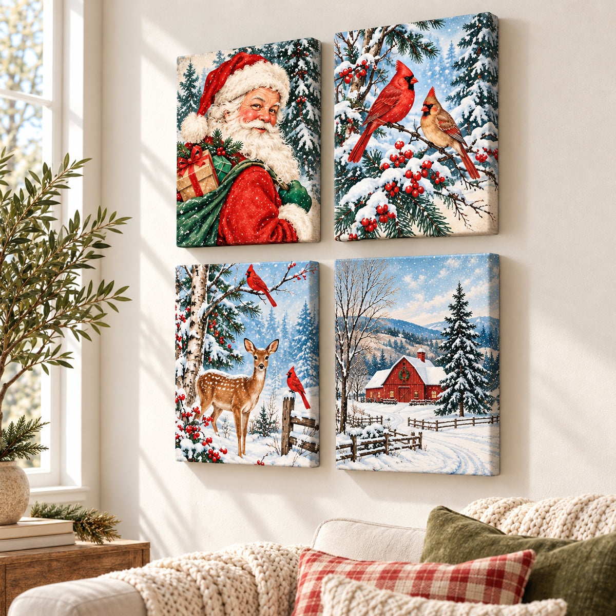 Set of 4 Vintage Christmas Card Wall Art - room mockup 6