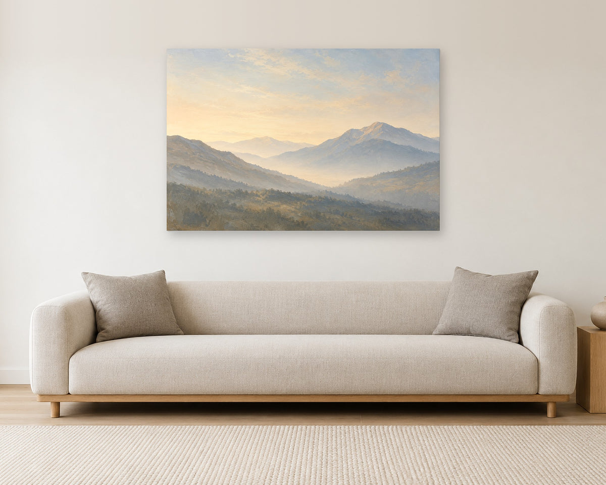 Misty Mountain Wall Art, Hazy Blue Mountain Range Landscape Print, Canvas or Poster