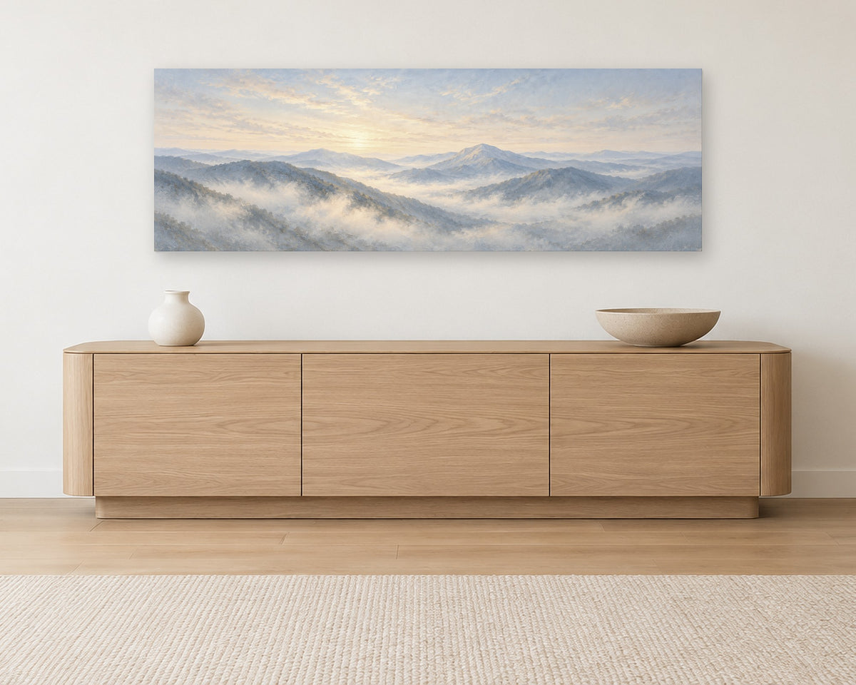 Panoramic Mountain Wall Art, Misty Blue Mountain Range Print, Long Horizontal Canvas