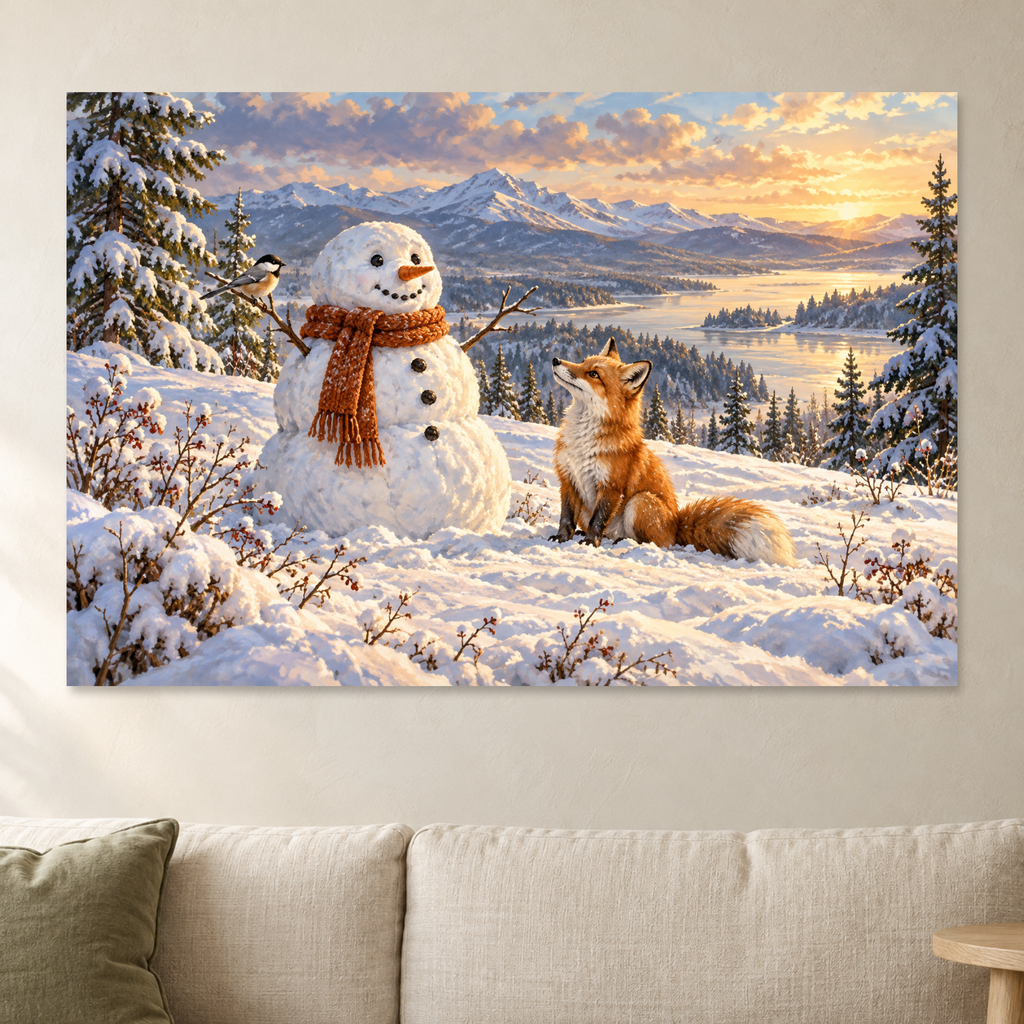Snowman and Fox Winter Wall Art, Cute Snowman Mountain Lake Print, Christmas Canvas or Poster