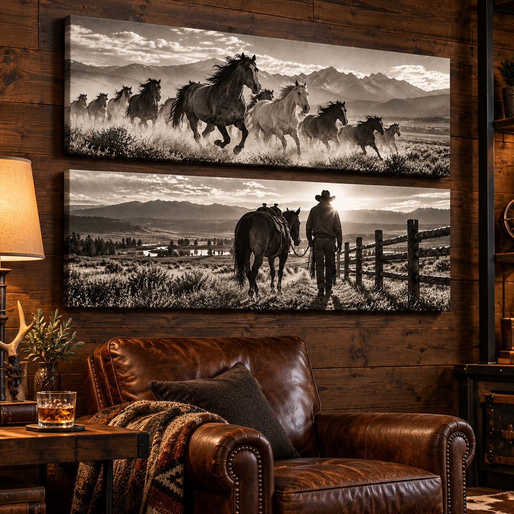 Set of 2 Black and White Horse Wall Art - room mockup 4
